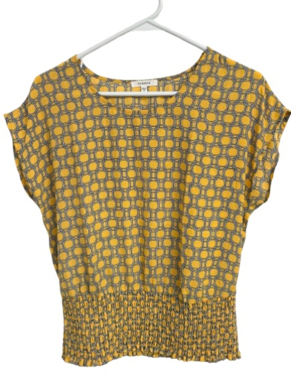 Pleione Yellow and Gray Geometric Smocked-Waist Blouse